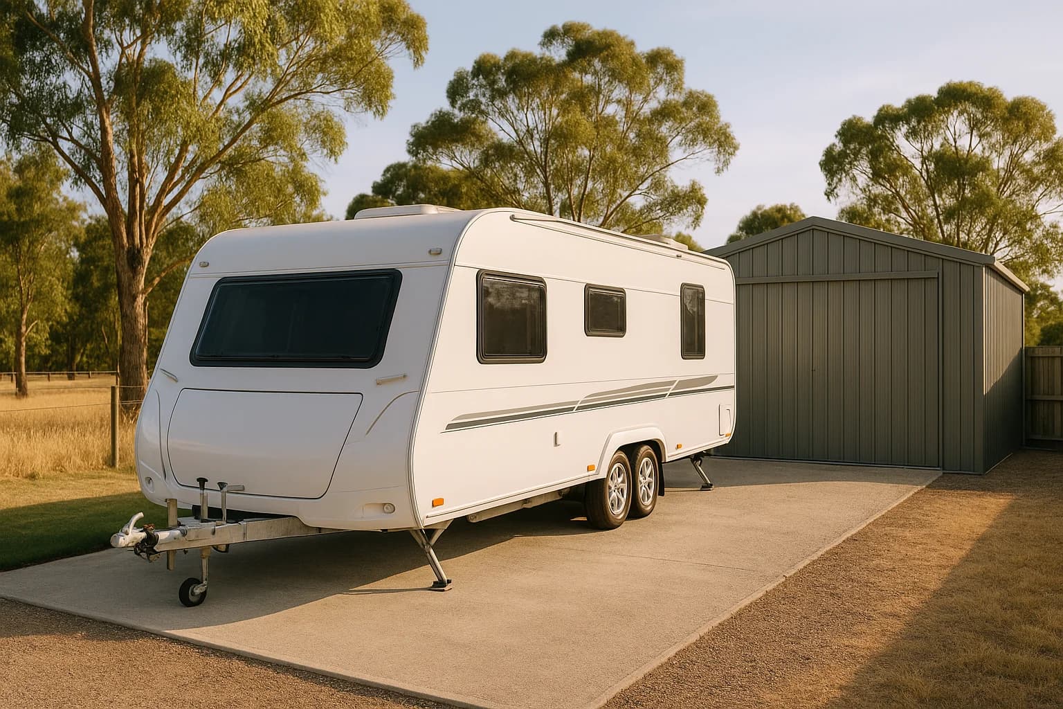 Large white touring caravan stored in residential yard with stabiliser legs extended