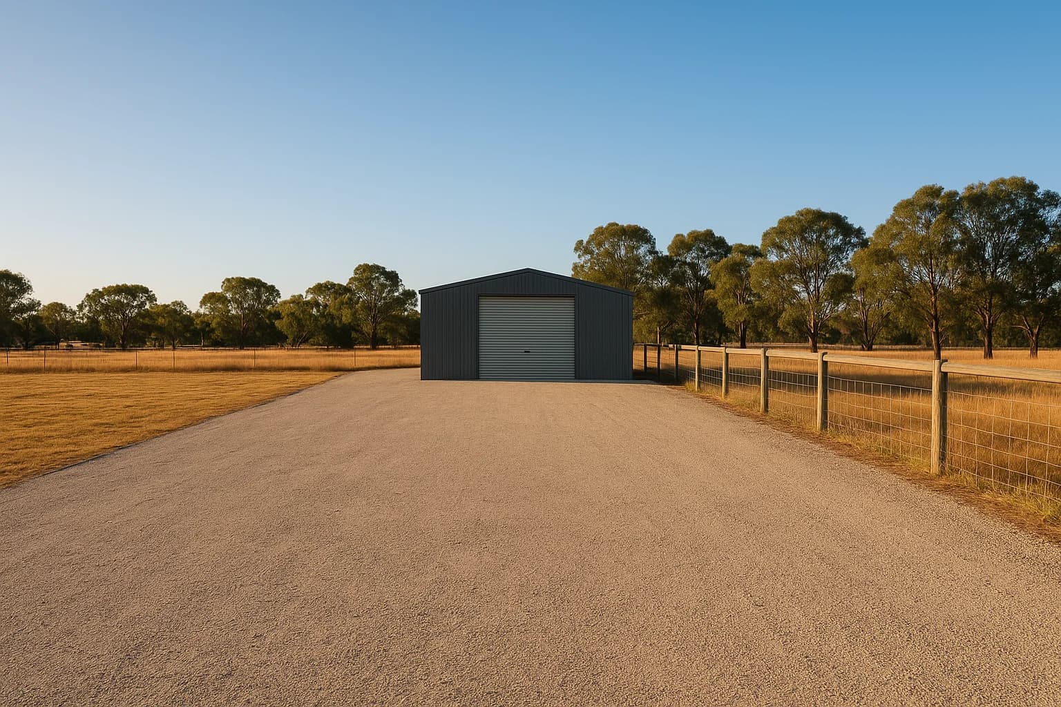 Wide open gravel hardstand yard, empty and available for truck storage