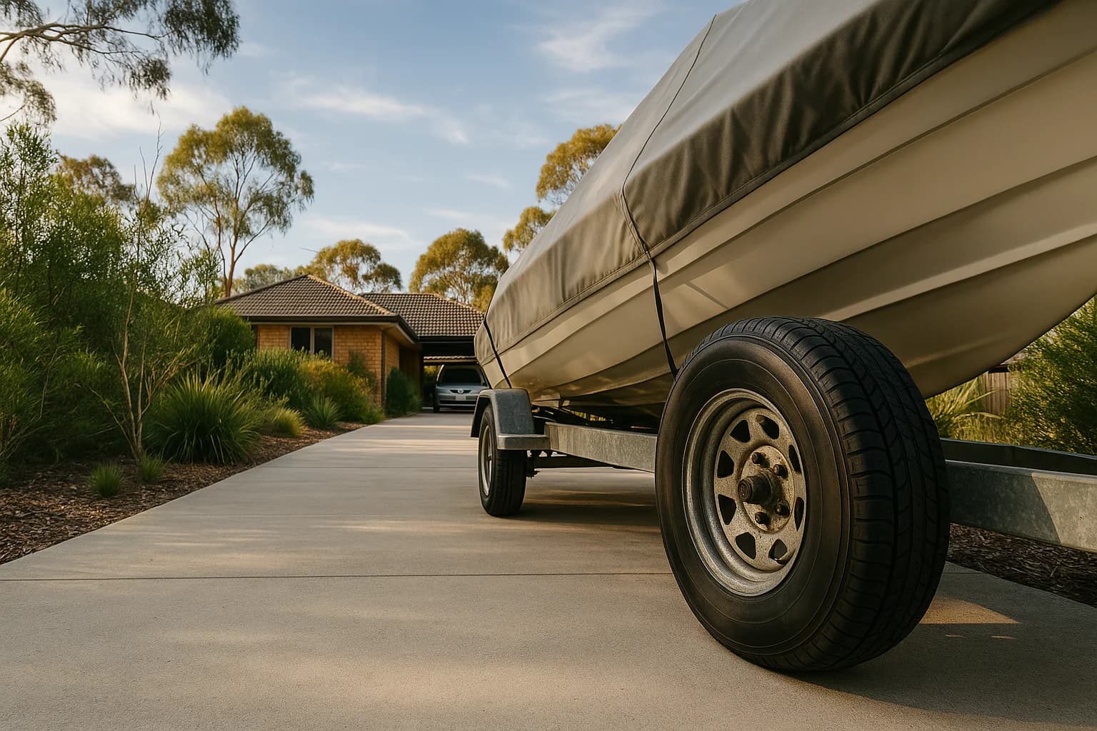 Covered motorboat on trailer beside an Australian residential driveway